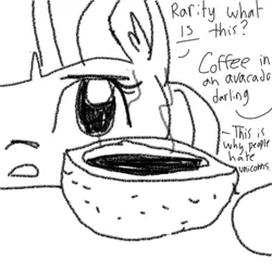 Size: 1280x1280 | Tagged: safe, artist:tjpones, derpibooru import, rarity, twilight sparkle, pony, unicorn, avocado, black and white, coffee, dialogue, ear fluff, food, grayscale, monochrome, offscreen character, racism, simple background, white background