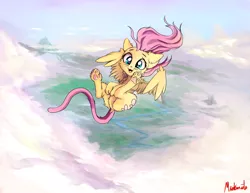 Size: 1400x1080 | Tagged: artist:miokomata, cat, catified, cloud, cute, derpibooru import, fluttercat, fluttershy, flying, paws, safe, shyabetes, signature, sky, smiling, solo, species swap, spread wings, underpaw, wings