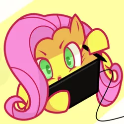 Size: 300x300 | Tagged: safe, artist:aquacola, derpibooru import, fluttershy, pegasus, pony, bust, drawing, drawing tablet, hoof hold, looking at something, pen, solo, stylus, tablet