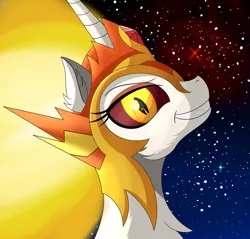 Size: 2460x2350 | Tagged: safe, artist:orangejuicerus, derpibooru import, daybreaker, alicorn, pony, a royal problem, chest fluff, evil grin, grin, looking at you, mane of fire, nebula, night, profile, smiling, solo, stars