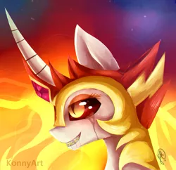 Size: 1024x993 | Tagged: safe, artist:konnyart, derpibooru import, daybreaker, alicorn, pony, a royal problem, crying, drool, fangs, female, grin, helmet, mare, smiling, solo