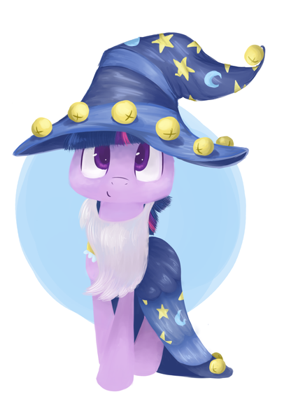 Size: 1063x1533 | Tagged: safe, artist:mapony240, derpibooru import, star swirl the bearded, twilight sparkle, pony, abstract background, cute, looking at you, smiling, solo, star swirl the bearded costume, twiabetes