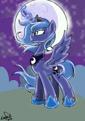 Size: 1000x1414 | Tagged: safe, artist:emositecc, derpibooru import, princess luna, alicorn, pony, magic, moon, night, s1 luna, solo, spread wings, stars, windswept mane, wings