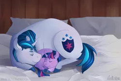 Size: 1280x853 | Tagged: safe, artist:maniak-pl, derpibooru import, shining armor, twilight sparkle, pony, unicorn, bbbff, bed, brother and sister, cute, female, filly, filly twilight sparkle, male, mare, morning ponies, pillow, prone, shining adorable, sleeping, stallion, twiabetes, unshorn fetlocks, younger