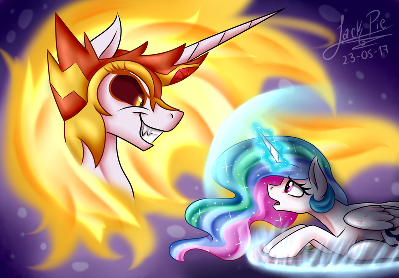 Size: 2300x1600 | Tagged: safe, artist:jack-pie, derpibooru import, daybreaker, princess celestia, alicorn, pony, a royal problem, duality, duo, evil grin, fangs, female, grin, looking at each other, mare, smiling