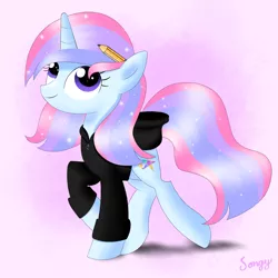 Size: 2000x2000 | Tagged: safe, artist:songbirdserenade, derpibooru import, oc, oc:galaxy glisten, unofficial characters only, pony, unicorn, black hoodie, clothes, female, hoodie, skipping, solo, sparkles