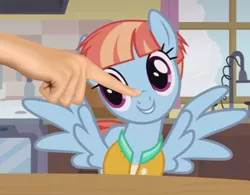 Size: 530x414 | Tagged: safe, derpibooru import, edit, edited screencap, screencap, windy whistles, pegasus, pony, parental glideance, boop, boop edit, cute, disembodied hand, female, hand, mare, smiling, solo, spread wings, windybetes, wings