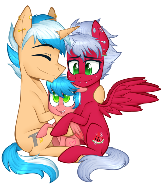 Size: 2500x2830 | Tagged: safe, artist:higgly-chan, derpibooru import, oc, oc:creamy pinch, oc:melon frost, oc:pink licorice, unofficial characters only, pony, ear piercing, earring, family, father, father and daughter, female, filly, foal, freckles, happy, hug, jewelry, lip piercing, love, male, melonpinch, mother, mother and daughter, offspring, parent, parent:oc:creamy pinch, parent:oc:melon frost, parents:melonpinch, parents:oc x oc, piercing, shipping, simple background, straight, transparent background