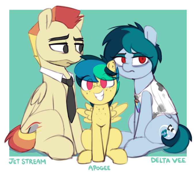 Size: 1225x1080 | Tagged: safe, artist:shinodage, derpibooru import, oc, oc:apogee, oc:delta vee, oc:jet stream, unofficial characters only, earth pony, pegasus, pony, chest freckles, clothes, cute, delta vee's junkyard, ear freckles, eye clipping through hair, female, filly, freckles, frown, glare, grin, image, lidded eyes, looking at you, male, mare, necktie, no pupils, ocbetes, png, shirt, sitting, smiling, spread wings, squee, stallion, wings