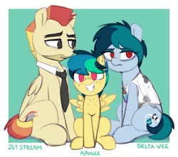 Size: 1225x1080 | Tagged: safe, artist:shinodage, derpibooru import, oc, oc:apogee, oc:delta vee, oc:jet stream, unofficial characters only, earth pony, pegasus, pony, chest freckles, clothes, cute, delta vee's junkyard, ear freckles, eye clipping through hair, female, filly, freckles, frown, glare, grin, image, lidded eyes, looking at you, male, mare, necktie, no pupils, ocbetes, png, shirt, sitting, smiling, spread wings, squee, stallion, wings