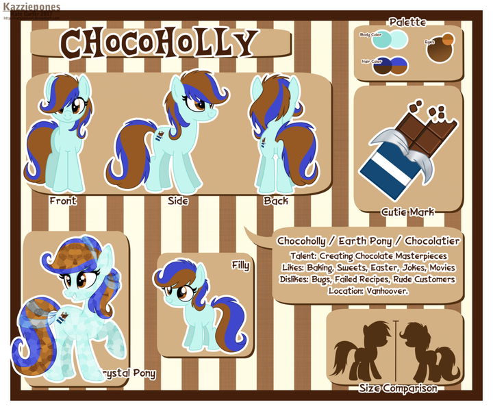 Size: 1024x853 | Tagged: safe, artist:kazziepones, derpibooru import, oc, oc:chocoholly, unofficial characters only, crystal pony, earth pony, pony, crystallized, female, filly, mare, reference sheet, solo, younger