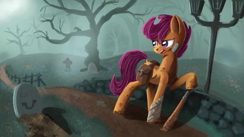 Size: 2560x1440 | Tagged: safe, artist:ailynd, derpibooru import, scootaloo, bat, pegasus, pony, bandaid, baseball bat, female, graveyard, mare, open mouth, solo