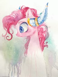 Size: 1224x1632 | Tagged: safe, artist:wacky-skiff, derpibooru import, pinkie pie, earth pony, pony, not asking for trouble, bust, colored pupils, helmet, honorary yak horns, horned helmet, solo, traditional art, viking helmet, watercolor painting, yak horns