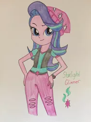 Size: 1024x1365 | Tagged: safe, artist:infernapelover, derpibooru import, starlight glimmer, equestria girls, mirror magic, spoiler:eqg specials, beanie, clothes, cute, female, hat, pants, solo, torn clothes, traditional art, watch