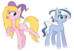 Size: 2216x1544 | Tagged: safe, artist:doekitty, derpibooru import, oc, oc:icy pop, oc:sparkly potions, unofficial characters only, earth pony, pony, unicorn, duo, female, freckles, hat, mare, raised hoof, raised leg, simple background, smiling, tongue out, transparent background, witch hat