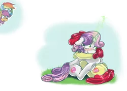 Size: 1400x1000 | Tagged: safe, artist:redheadfly, derpibooru import, apple bloom, rainbow dash, scootaloo, sweetie belle, pony, unicorn, blushing, cutie mark crusaders, female, glowing horn, grass, hug, lesbian, magic, mare, older, shipping, sitting, sweetiebloom, underhoof