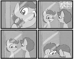 Size: 954x764 | Tagged: safe, artist:happy harvey, derpibooru import, scootaloo, pegasus, pony, black and white, brush, brushing, comic, drawn on phone, ellory the shark, feels, female, filly, grayscale, hairbrush, insecure, looking down, mirror, monochrome, reflection, sad, scootasad, smiling