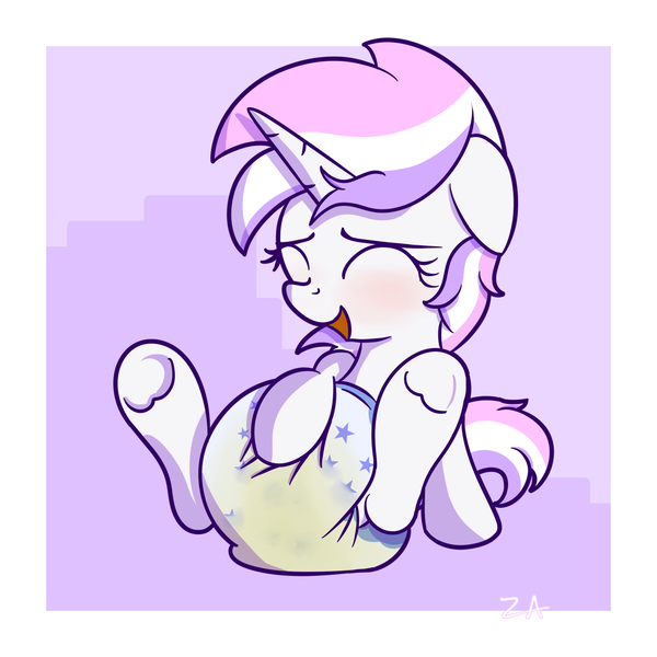 Size: 1280x1280 | Tagged: questionable, artist:zalakir, derpibooru import, oc, oc:glam rock, unofficial characters only, pony, blushing, cute, diaper, diaper fetish, eyes closed, female, fetish, filly, floppy ears, foalcon, happy, masturbation, open mouth, rubbing, sitting, solo, solo female, touching diaper, underhoof, urine, wet diaper