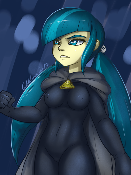 Size: 1200x1600 | Tagged: suggestive, artist:gabbslines, derpibooru import, juniper montage, equestria girls, movie magic, spoiler:eqg specials, bodysuit, breasts, cape, cloak, clothes, erect nipples, female, nipple outline, skinsuit, solo, solo female