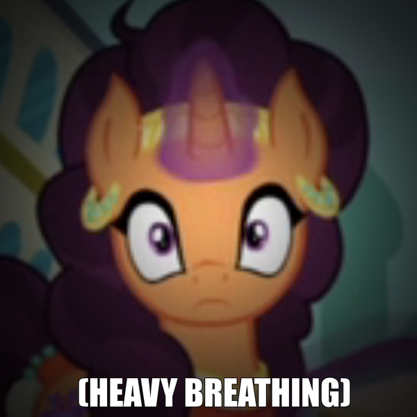 Size: 1000x1000 | Tagged: safe, derpibooru import, edit, edited screencap, screencap, saffron masala, pony, spice up your life, captions, cropped, descriptive noise, heavy breathing, looking at you, solo