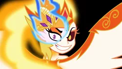 Size: 6000x3375 | Tagged: safe, artist:orin331, derpibooru import, daybreaker, nightmare star, a royal problem, equestria girls, absurd resolution, beautiful, black background, crown, equestria girls-ified, evil grin, fangs, grin, jewelry, looking back, mane of fire, rear view, regalia, simple background, smiling, smirk, solo, two flaming sunponies, wings