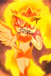 Size: 408x603 | Tagged: animated, armor, a royal problem, artist:starchasesketches, breasts, cleavage, daybreaker, derpibooru import, fangs, female, fire, gif, grin, human, humanized, magic, safe, smiling, solo, wavy mane, winged humanization, wings