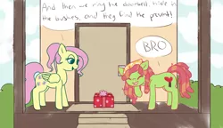 Size: 1190x685 | Tagged: safe, anonymous artist, derpibooru import, fluttershy, tree hugger, pony, 4chan, alternate hairstyle, bandana, bro, chaotic good, colored, cute, doorway, drawthread, duo, duo female, female, laughing, ponytail, porch, prank, prankstershy, present, pure unfiltered evil, shyabetes