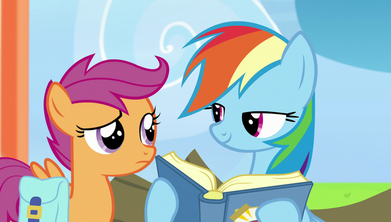 Size: 1920x1090 | Tagged: safe, derpibooru import, screencap, rainbow dash, scootaloo, pony, parental glideance, book, saddle bag