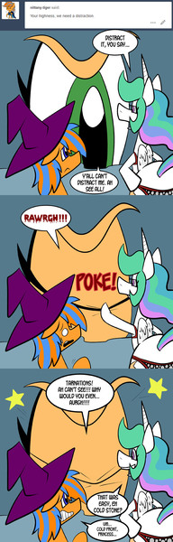 Size: 576x1800 | Tagged: safe, artist:pembroke, derpibooru import, applejack, princess celestia, oc, oc:cold front, pony, bra, clothes, comic, crossdressing, hat, lord of the rings, panties, sorceress, the eye of apple, thiklestia, underwear