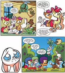 Size: 1331x1514 | Tagged: angel bunny, apple bloom, artist:jay fosgitt, cutie mark crusaders, derpibooru import, fluttershy leans in, gummy, idw, opalescence, owlowiscious, puppy dog eyes, safe, scootaloo, spoiler:comic, spoiler:comic54, sweetie belle, tank, winona