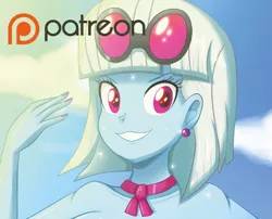 Size: 1511x1222 | Tagged: safe, artist:the-butch-x, derpibooru import, photo finish, equestria girls, advertisement, cloud, ear piercing, earring, female, glasses, grin, jewelry, looking at you, nail polish, patreon, patreon logo, patreon preview, piercing, sky, smiling, solo