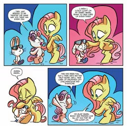 Size: 1397x1389 | Tagged: angel bunny, artist:jay fosgitt, derpibooru import, fluttershy, fluttershy leans in, idw, safe, spoiler:comic, spoiler:comic54, sweetie belle