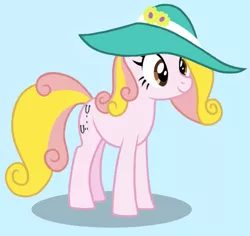 Size: 757x714 | Tagged: safe, derpibooru import, oc, oc:dosey doe, unofficial characters only, pony, blue background, giant hat, hat, simple background, solo