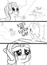 Size: 2857x4000 | Tagged: safe, artist:smoldix, derpibooru import, starlight glimmer, oc, oc:anonfilly, earth pony, pony, unicorn, bench, comic, crying, cute, female, filly, floppy ears, frown, glimmerbetes, grayscale, image, kite, kite flying, lake, levitation, lidded eyes, looking up, magic, mare, mean, monochrome, open mouth, park, png, sad, sadlight glimmer, sadorable, sitting, smiling, snot, table, telekinesis, tree, underhoof, vulgar, wavy mouth, wide eyes, yelling, you monster
