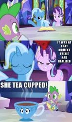 Size: 1500x2539 | Tagged: all bottled up, angry, artist:titanium-pony, bedroom eyes, blowing a kiss, book, comic, cup, cutie map, derpibooru import, dragon, edit, edited screencap, female, heart, i have no mouth and i must scream, inanimate tf, irony, jealous, love triangle, male, pun, safe, screencap, screencap comic, shipping, sparlight, spike, spixie, starlight glimmer, straight, table, teacup, teacupified, that pony sure does love teacups, the amazing trio of friendship, transformation, trixie, trixie teacup