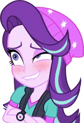 Size: 1526x2247 | Tagged: suggestive, derpibooru import, edit, editor:paragonaj, starlight glimmer, equestria girls, mirror magic, spoiler:eqg specials, ahegao, beanie, blushing, clothes, crossed arms, eyeshadow, female, funny, hat, lip bite, makeup, open mouth, simple background, smiling, solo, solo female, sweat, transparent background, vector, vest, watch