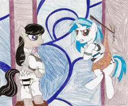 Size: 900x743 | Tagged: safe, artist:wjmmovieman, derpibooru import, octavia melody, vinyl scratch, earth pony, pony, unicorn, assisted exposure, clothes, duo, female, hanging wedgie, image, jpeg, mare, music note underwear, orange underwear, panties, pants, polka dot underwear, traditional art, underwear, wedgie, wrong eye color