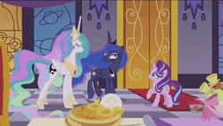 Size: 960x540 | Tagged: safe, derpibooru import, edit, edited screencap, screencap, princess celestia, princess luna, starlight glimmer, alicorn, pony, a royal problem, animated, bad joke, bags under eyes, banner, canterlot castle, caption, food, fruit, gif, glare, grin, looking up, oops, pancakes, pineapple, rug, sheepish, sheepish grin, smiling, squint, stained glass, swapped cutie marks, talking, text, treehouse logo, unamused, wat