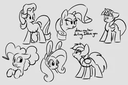 Size: 1000x666 | Tagged: safe, artist:masserey, derpibooru import, fluttershy, pinkie pie, rainbow dash, rarity, starlight glimmer, twilight sparkle, twilight sparkle (alicorn), alicorn, earth pony, pegasus, pony, unicorn, 5 minute challenge, bunny ears, bust, dialogue, female, floppy ears, gray background, grayscale, mare, monochrome, open mouth, raised hoof, simple background, sketch, sketch dump, smiling