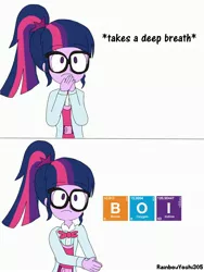 Size: 2448x3264 | Tagged: safe, artist:rainbowyoshi305, derpibooru import, sci-twi, twilight sparkle, equestria girls, :c, boi, boron, bowtie, breathing, clothes, dialogue, frown, glasses, iodine, lab coat, meme, oxygen, periodic table, simple background, solo