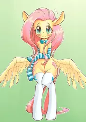 Size: 1447x2039 | Tagged: safe, artist:unousaya, derpibooru import, fluttershy, pegasus, pony, semi-anthro, bipedal, blushing, both cutie marks, butt wings, clothes, cute, female, gradient background, looking at you, mare, shyabetes, smiling, socks, solo, spread wings, stockings, striped socks, thigh highs, wings
