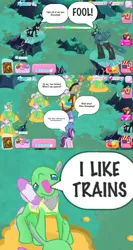 Size: 960x1803 | Tagged: safe, derpibooru import, edit, discord, queen chrysalis, starlight glimmer, thorax, trixie, changedling, changeling, changeling queen, draconequus, pony, to where and back again, asdfmovie, comic, faic, female, gameloft, gameloft shenanigans, i like trains, male, meme, reformed four, spanish