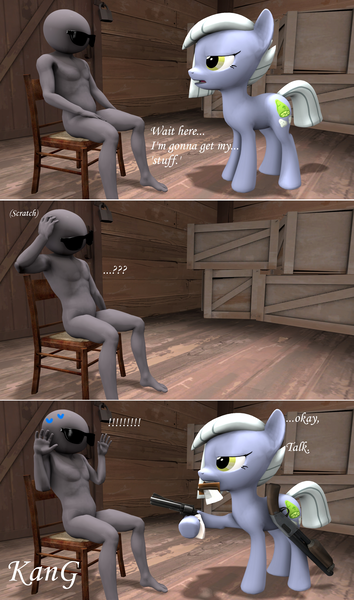 Size: 1920x3250 | Tagged: suggestive, artist:kmg0047, derpibooru import, limestone pie, oc, oc:anon, human, pony, 3d, ask, chair, comic, crate, dexterous hooves, gun, handgun, nudity, revolver, shotgun, sunglasses, sweat, tumblr, weapon