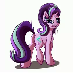 Size: 4000x4000 | Tagged: safe, artist:witchtaunter, derpibooru import, starlight glimmer, pony, unicorn, chest fluff, disgusted, dock, female, fluffy, glimmer glutes, looking back, mare, open mouth, plot, raised hoof, raised leg, raised tail, shoulder fluff, simple background, solo, tail, underhoof, white background