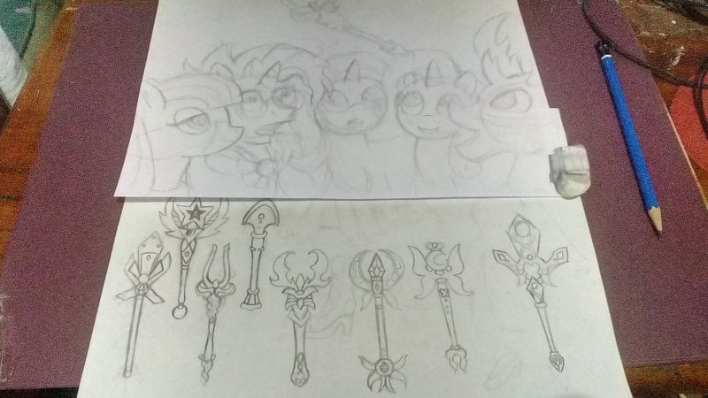 Size: 3328x1872 | Tagged: safe, derpibooru import, maud pie, starlight glimmer, sunburst, thorax, trixie, changedling, changeling, pony, unicorn, female, king thorax, mare, paper, sketch, traditional art, wand, wip