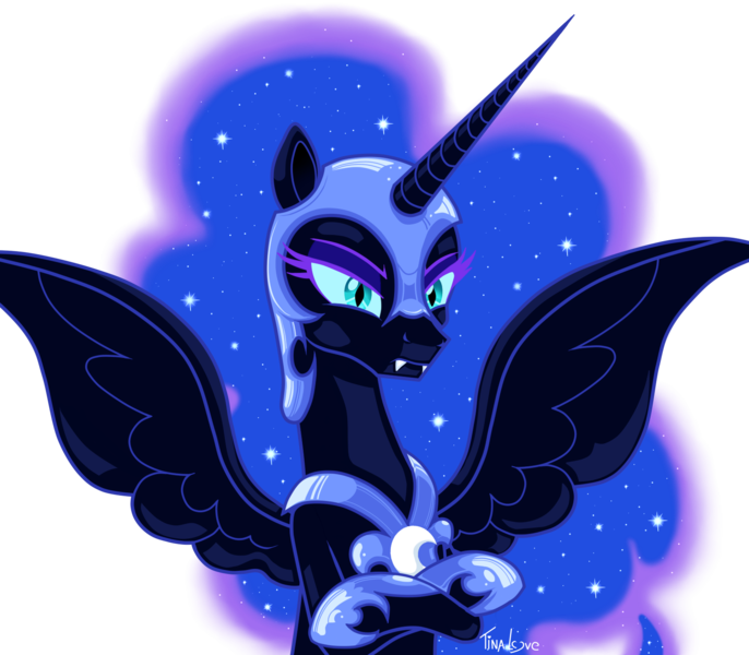 Size: 1600x1400 | Tagged: safe, artist:tina-de-love, derpibooru import, nightmare moon, alicorn, pony, crossed hooves, frown, lidded eyes, simple background, solo, spread wings, transparent background, wings