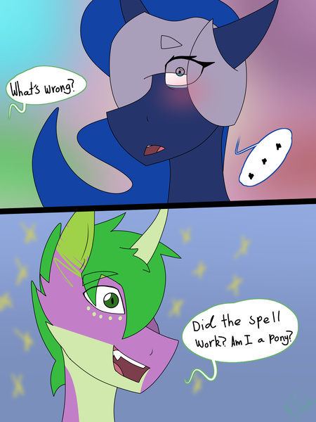 Size: 1200x1600 | Tagged: artist:moonakart13, artist:moonaknight13, blushing, blushing profusely, comic, crack shipping, derpibooru import, dialogue, dragon, female, freckles, male, open mouth, ponified spike, princess luna, safe, shipping, smiling, sparkles, speech bubble, speechless, spike, spikelove, spiluna, straight, wide eyes