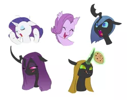 Size: 1208x950 | Tagged: safe, artist:carnifex, derpibooru import, rarity, changeling queen oc, oc, oc:ambrosia, oc:lavender, oc:miasma, oc:myxine, changeling, changeling queen, dracony, hybrid, pony, unicorn, blue changeling, bust, changeling oc, cookie, crying, drool, female, floppy ears, food, interspecies offspring, magic, mare, next generation, offspring, parent:rarity, parent:spike, parents:sparity, portrait, purple changeling, sad, simple background, tongue out, white background, yellow changeling