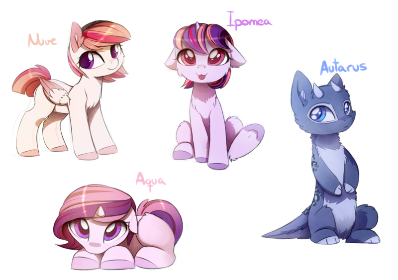 Size: 2283x1608 | Tagged: safe, artist:magnaluna, derpibooru import, oc, oc:aqua, oc:autarus, oc:ipomea, oc:nuve, unofficial characters only, dracony, hybrid, pegasus, pony, unicorn, :3, cute, female, floppy ears, magical lesbian spawn, mare, offspring, parent:oc:zefiro, parent:princess celestia, parent:princess luna, parent:twilight sparkle, parents:canon x oc, parents:twilestia, simple background, tongue out, transparent background