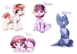 Size: 2283x1608 | Tagged: safe, artist:magnaluna, derpibooru import, oc, oc:aqua, oc:autarus, oc:ipomea, oc:nuve, unofficial characters only, dracony, hybrid, pegasus, pony, unicorn, :3, cute, female, floppy ears, magical lesbian spawn, mare, offspring, parent:oc:zefiro, parent:princess celestia, parent:princess luna, parent:twilight sparkle, parents:canon x oc, parents:twilestia, simple background, tongue out, transparent background